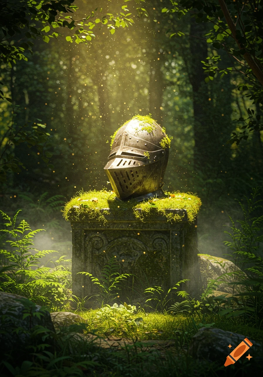A moss-covered knight's helmet rests on a stone pedestal in a sun-dappled, misty forest, photorealistic.