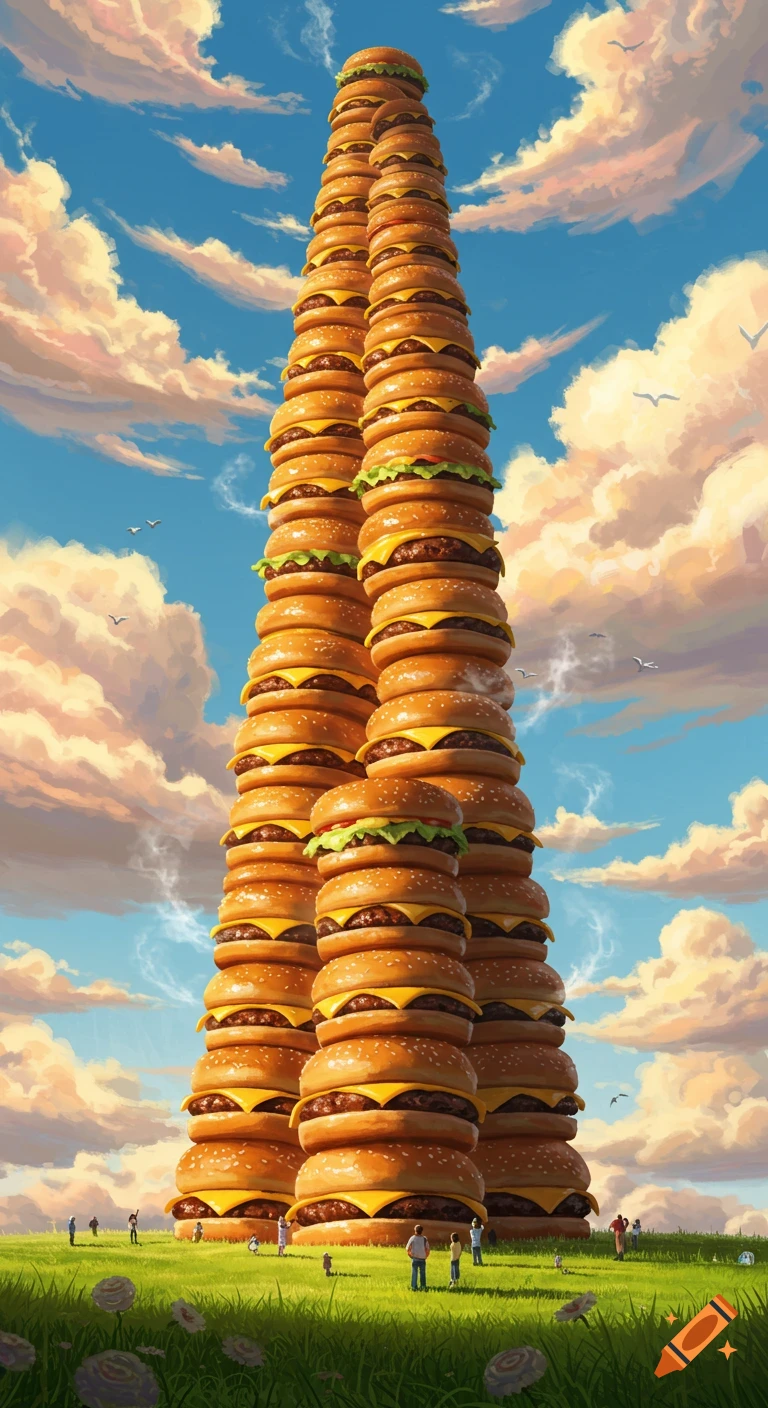 Enormous towering stacks of cheeseburgers rise from a green field under a blue sky with clouds, with small people observing.