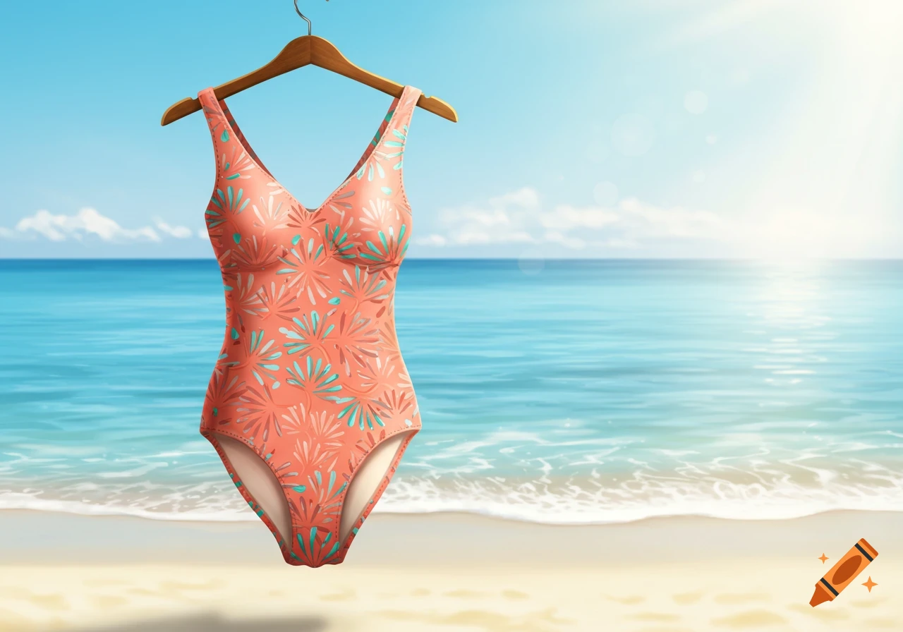 A coral-colored one-piece swimsuit with blue floral patterns hangs on a wooden hanger against a bright blue sky and calm ocean at a sunny beach.