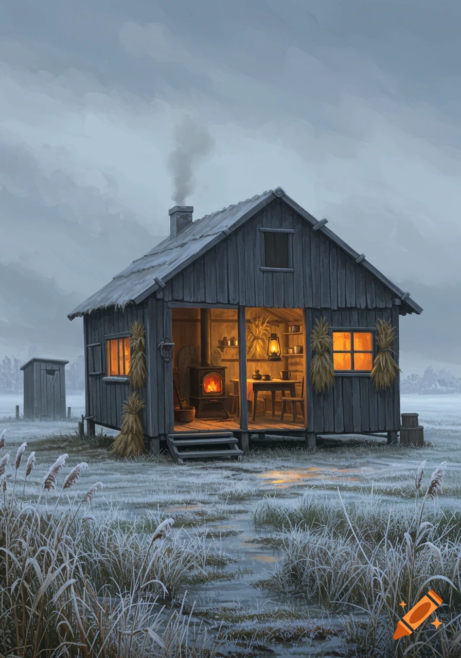 A rustic wooden cabin glows warmly from within, surrounded by frosty grass and a grey winter sky, with an outhouse nearby.