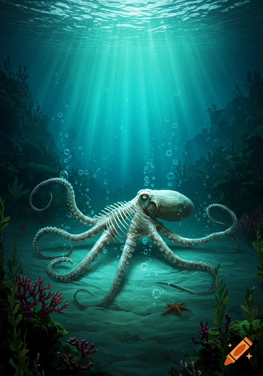 An artistic illustration of an octopus skeleton on the sandy seafloor, illuminated by sun rays filtering through the turquoise water.