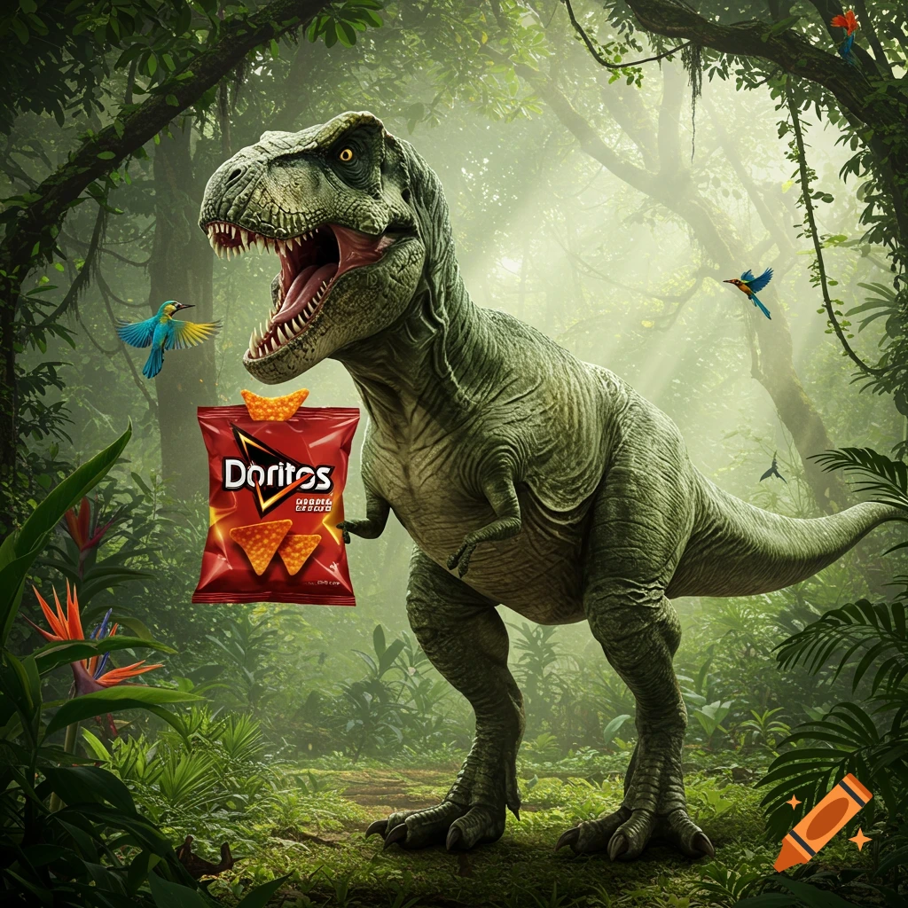 A photorealistic T-Rex stands in a lush jungle, holding a red bag of Doritos. Colorful birds fly around it.