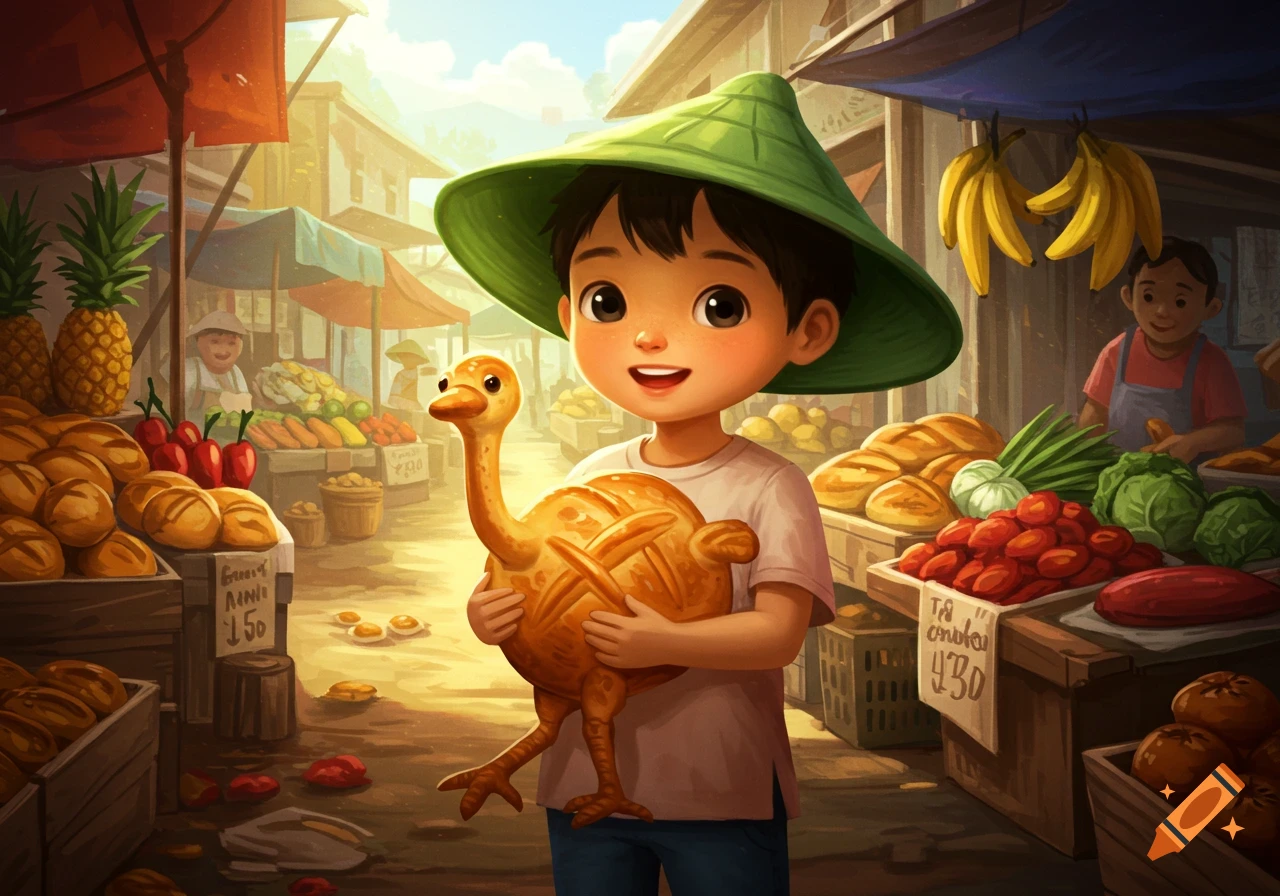 A smiling cartoon boy in a green conical hat holds an ostrich-shaped bread in a bustling outdoor market filled with food stalls.