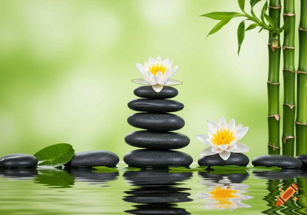 A serene stack of dark gray Zen pebbles topped with a white lotus, with another lotus in water and green bamboo against a blurred green background.