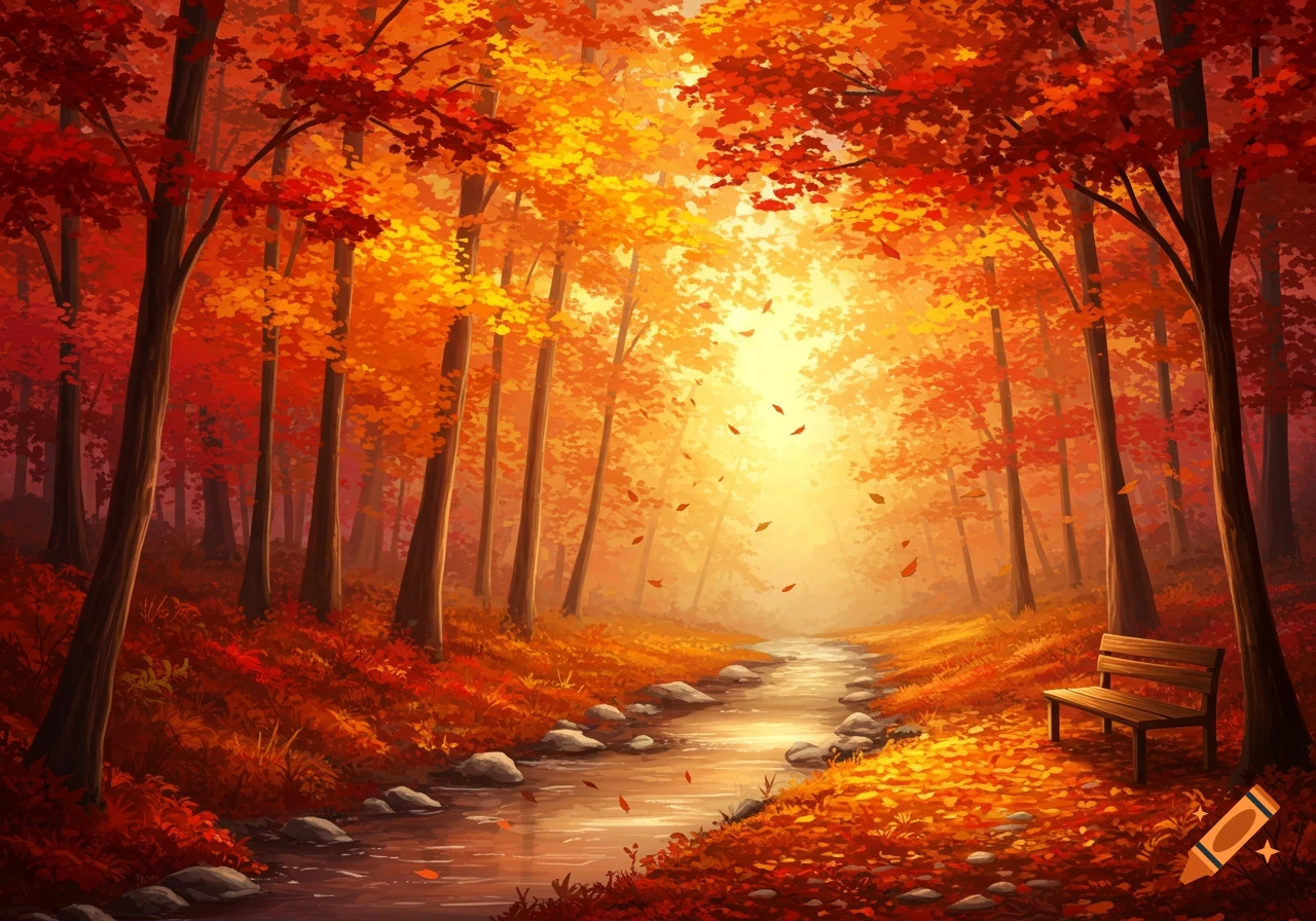 Vibrant autumn forest with red and orange leaves, a winding stream, and a wooden bench.