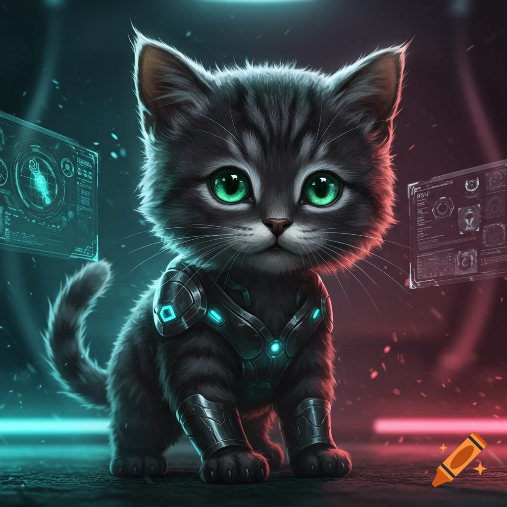 A cute gray tabby kitten in futuristic dark armor with glowing blue accents and bright green eyes, set in a dark, neon-lit sci-fi environment with holographic screens.
