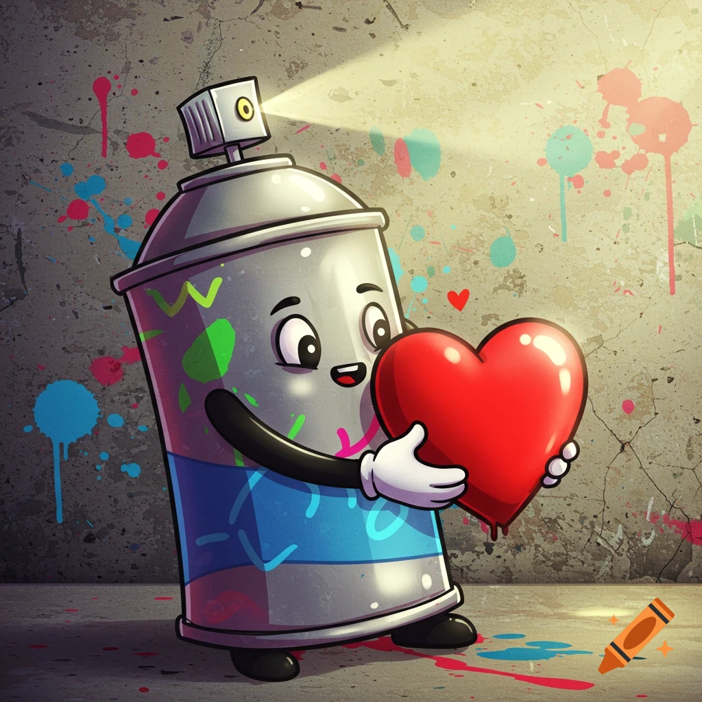 Cartoon spray paint can with a happy face and hands, holding a red heart against a graffiti-splattered concrete wall.