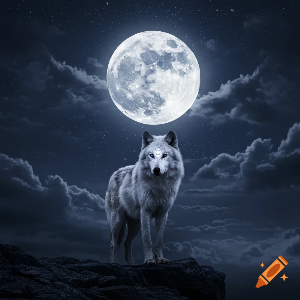 A majestic white wolf with a glowing third eye stands on a rocky cliff under a large full moon in a starry night sky.
