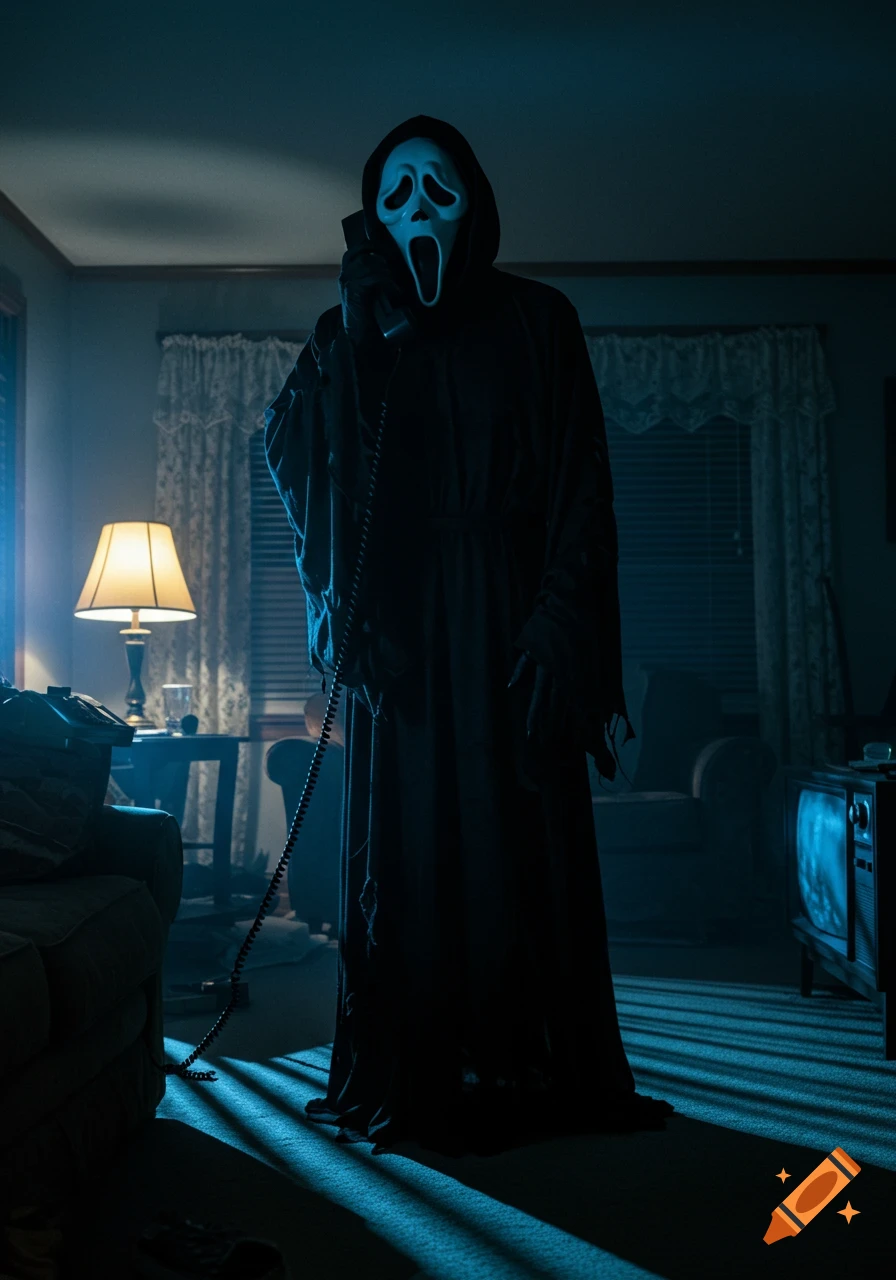 Ghostface in a dark, blue-lit room holds a phone to its ear, looking directly at the viewer.