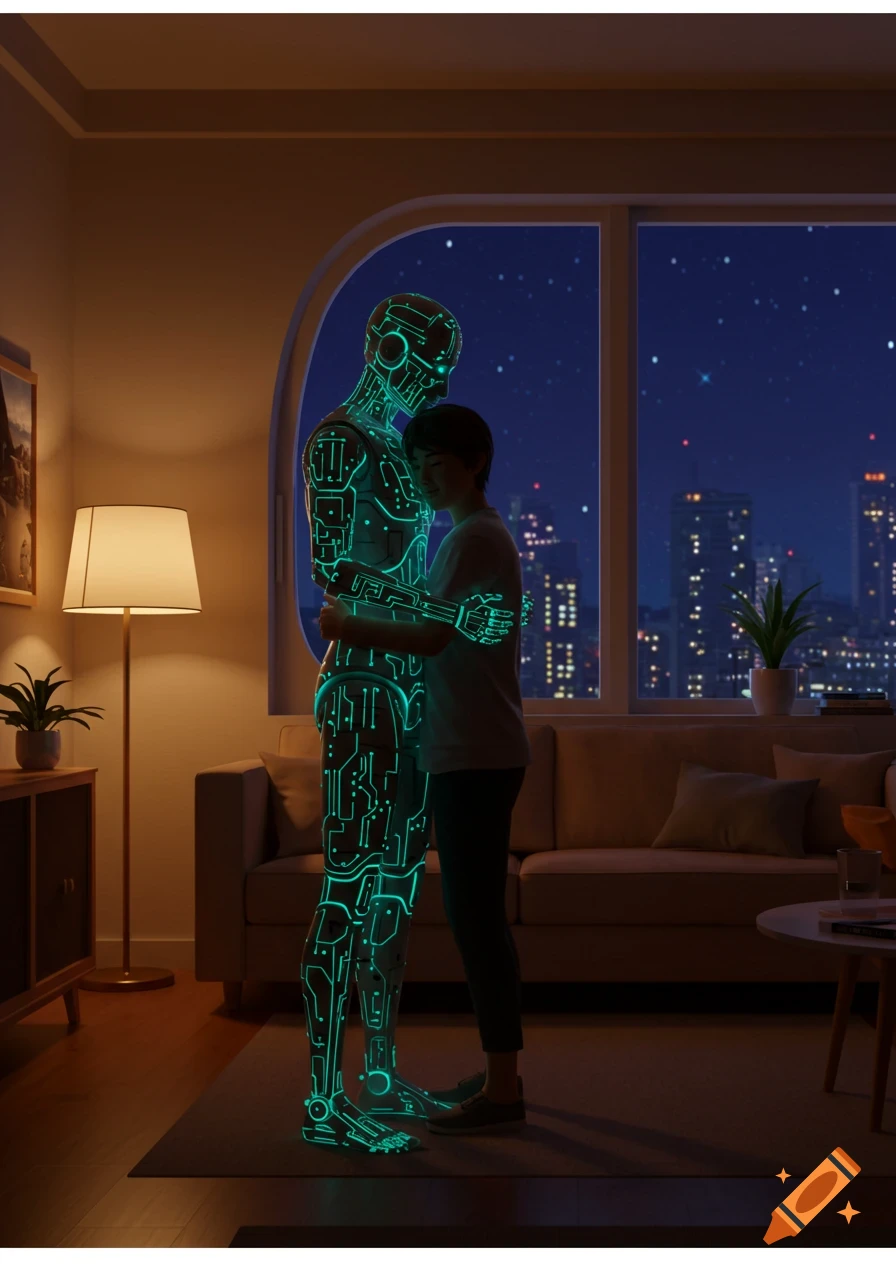 A human embraces a glowing circuit-patterned robot in a dimly lit room with a night city view outside the window.