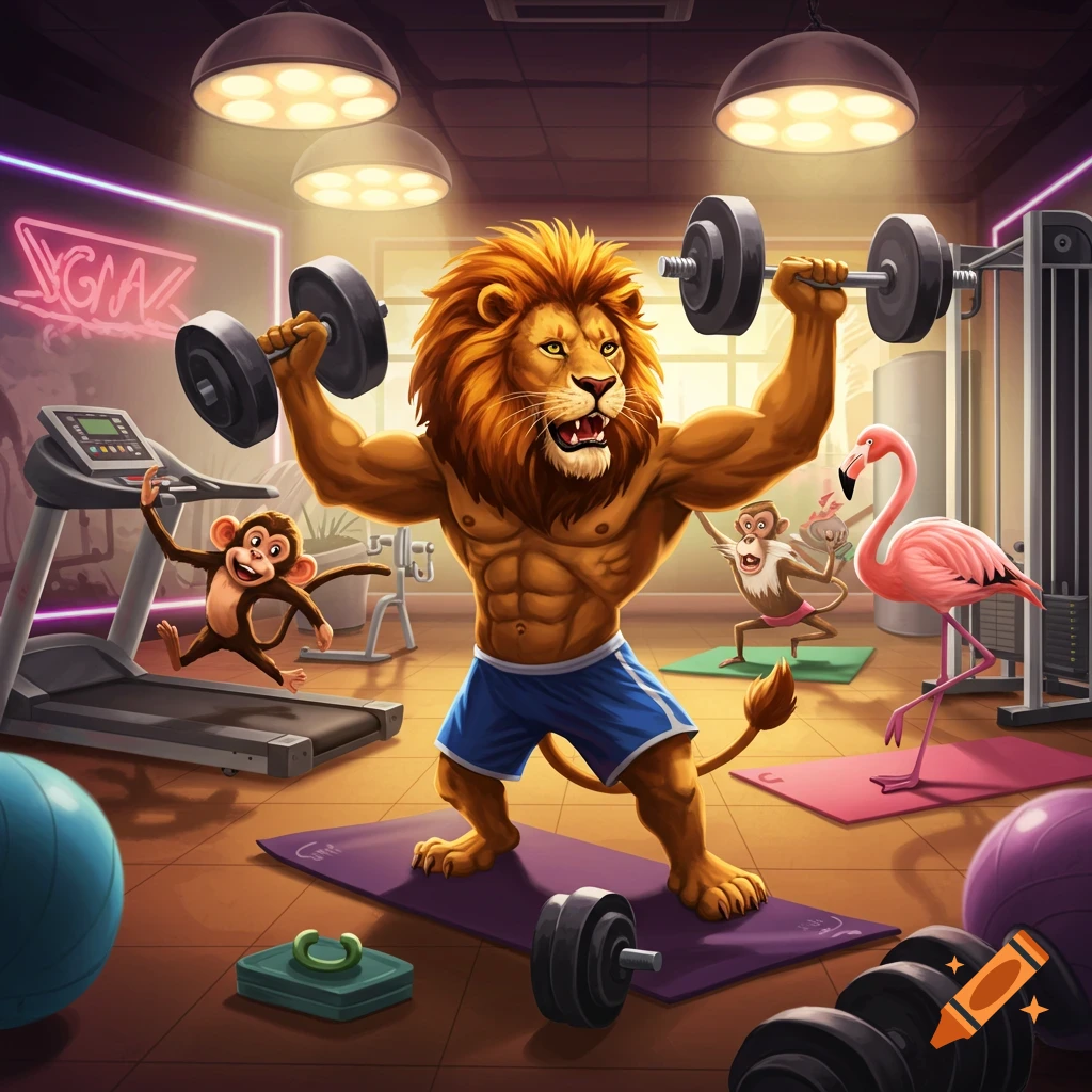 A muscular cartoon lion lifts dumbbells in a vibrant gym, while monkeys jump and a flamingo stretches on yoga mats.