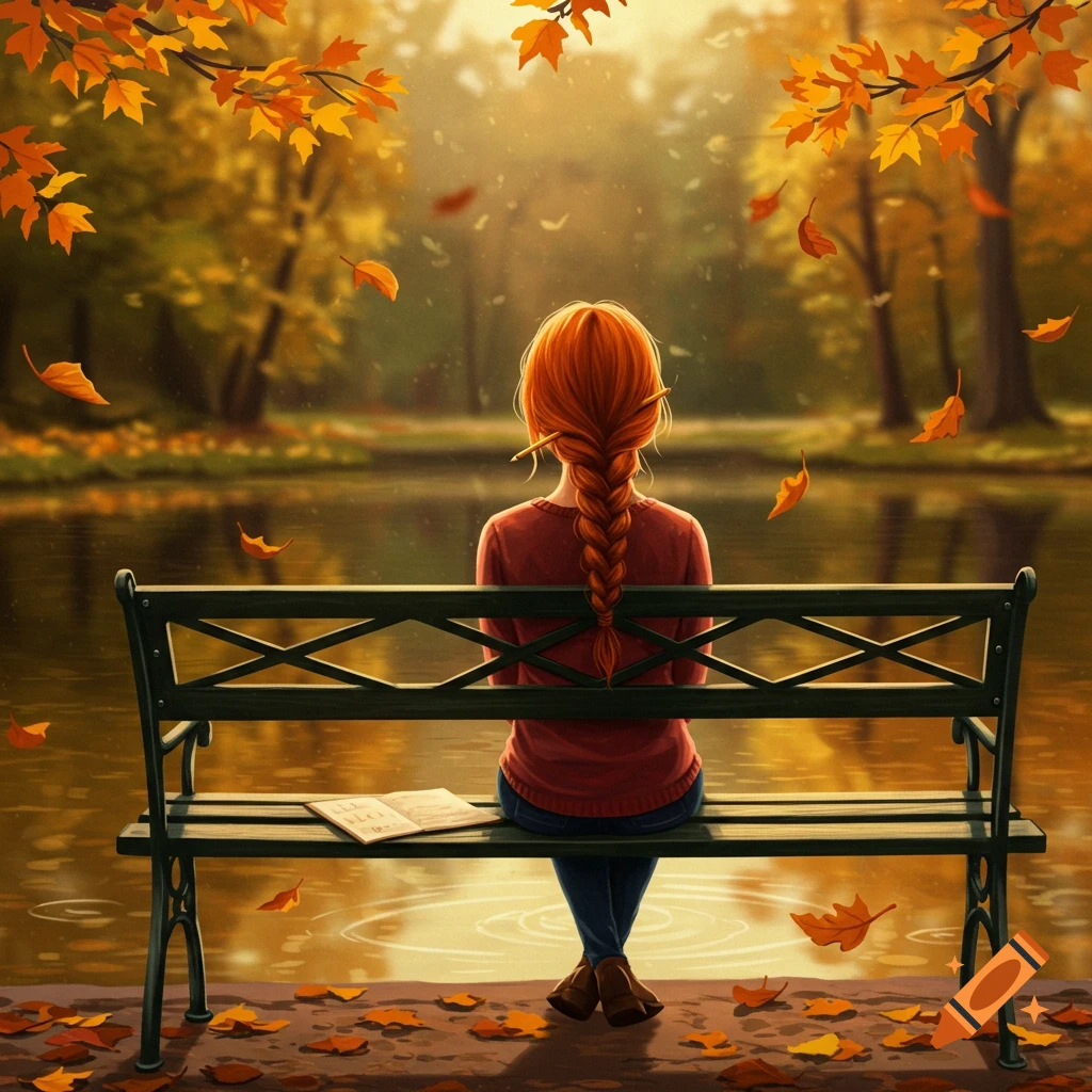 A red-haired girl with a braid sits on a park bench by a pond, surrounded by falling autumn leaves in an illustration.