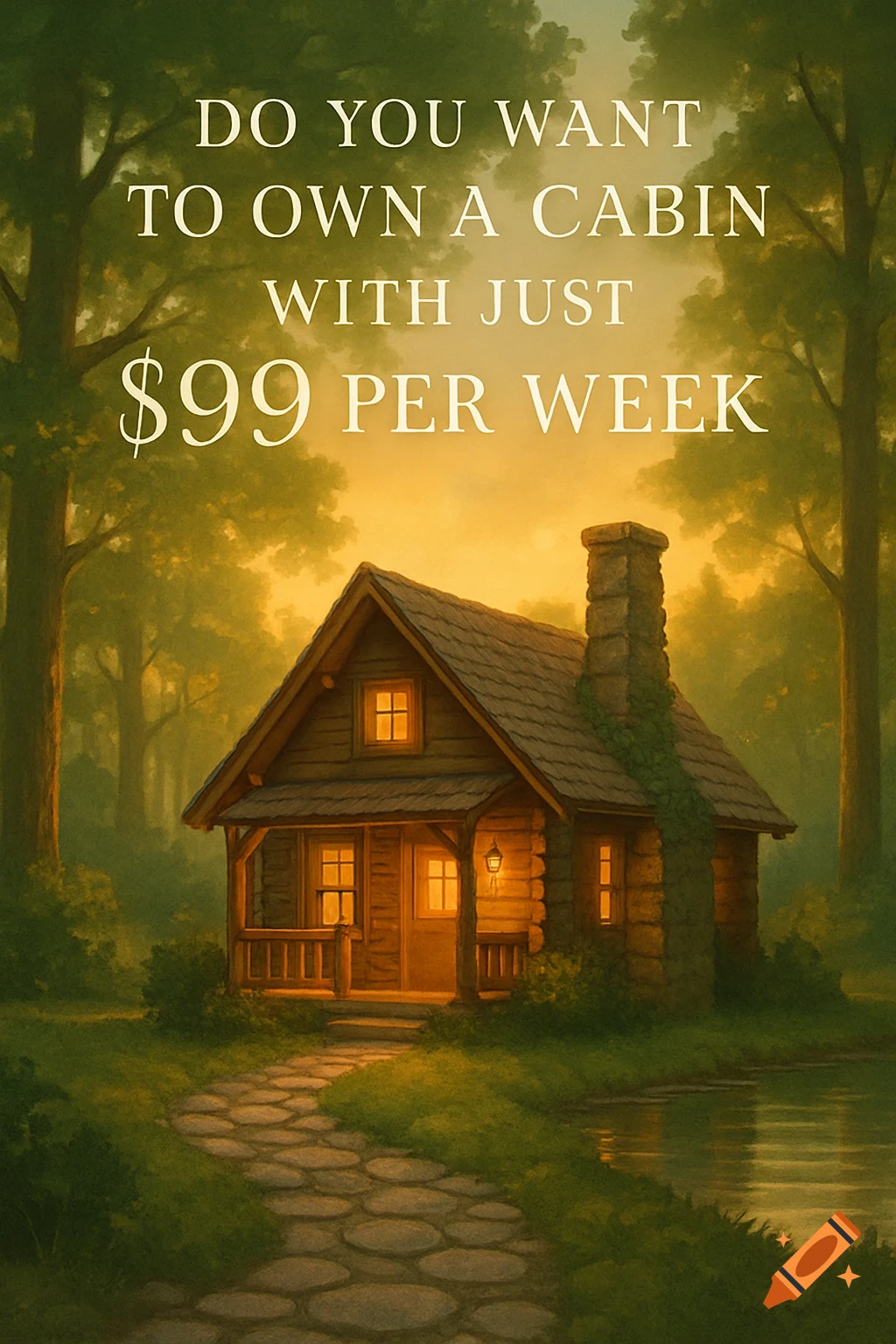 A cozy wooden cabin in a lush forest by a lake at sunset, with 'DO YOU WANT TO OWN A CABIN WITH JUST $99 PER WEEK' text.