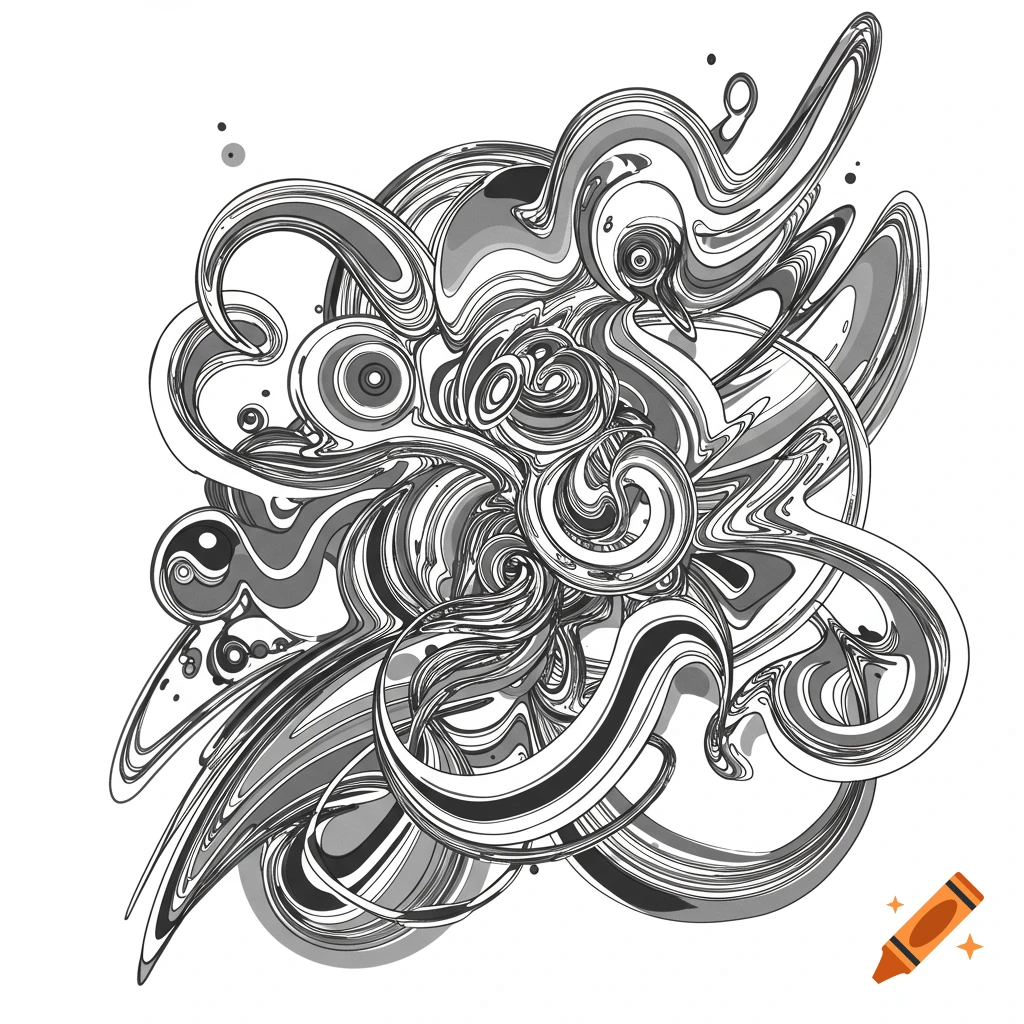 Intricate abstract line art with swirling organic shapes in black, white, and shades of gray.