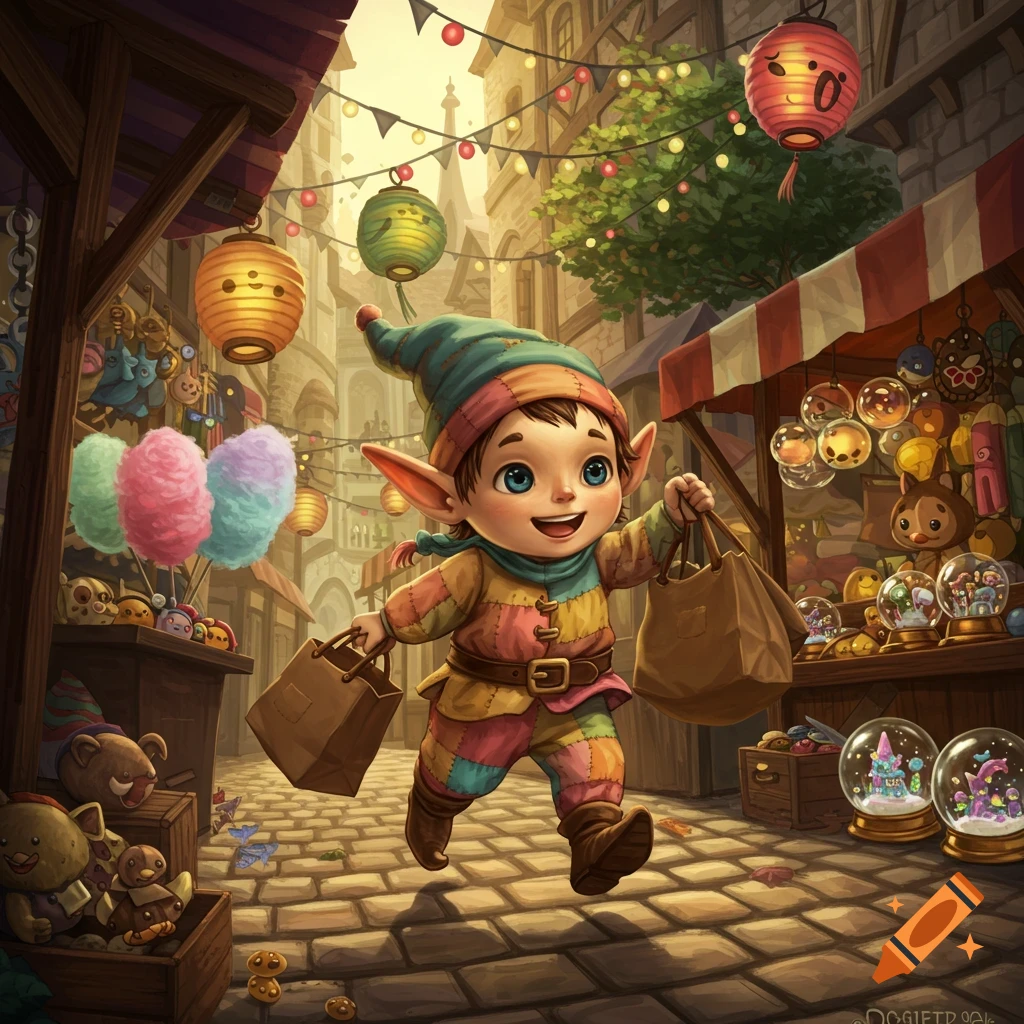 A cute, smiling elf-like child with large ears and a colorful patched outfit runs through a bustling fantasy market, carrying two shopping bags. Lanterns and festive lights hang above.