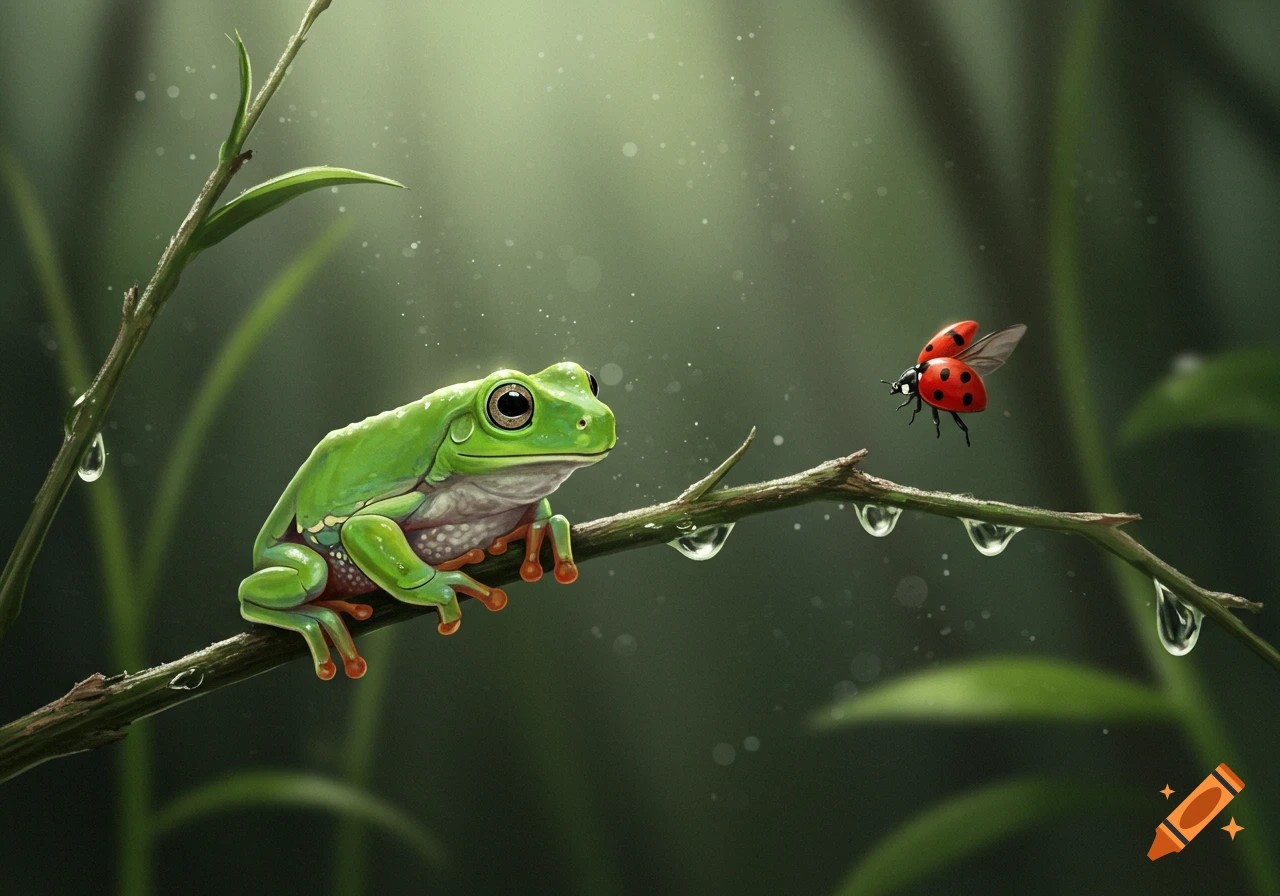 A green tree frog on a branch watches a red ladybug flying, with dewdrops in a detailed illustration.