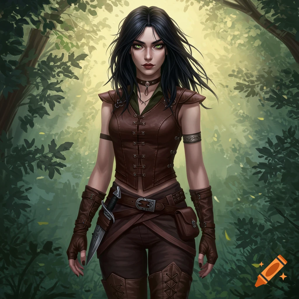A dark-haired woman with green eyes, dressed in a fantasy ranger's brown leather outfit with a dagger, stands in a sunlit forest.