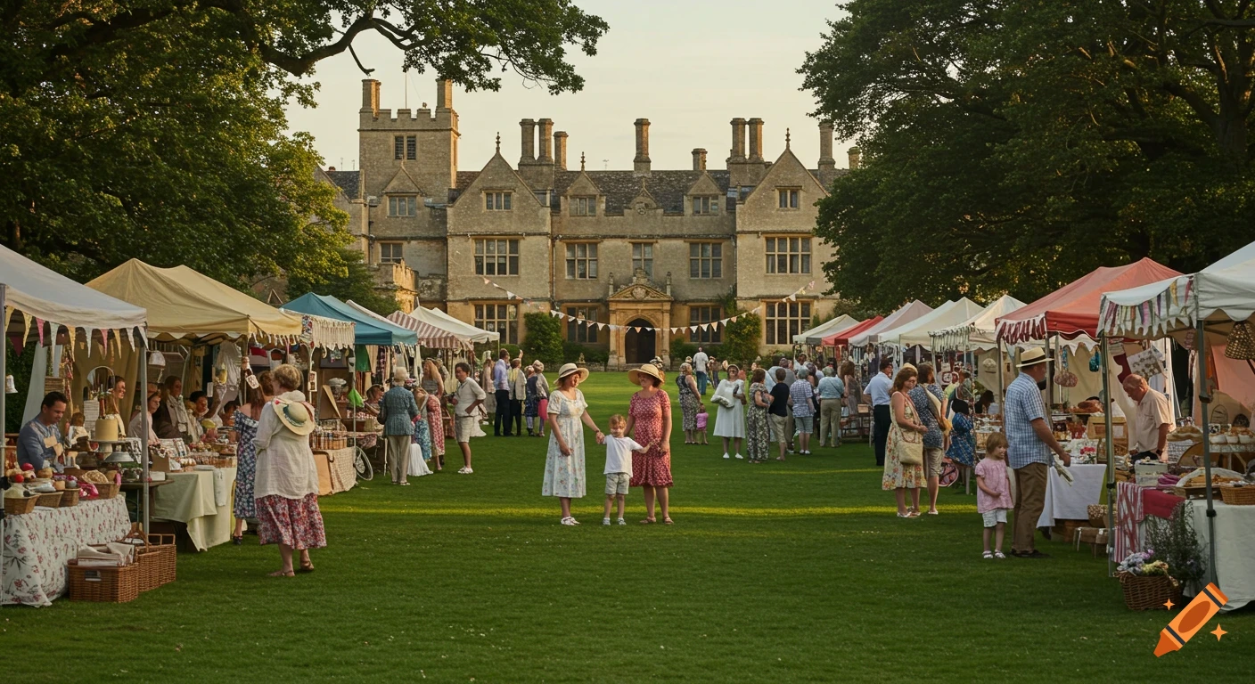 A bustling outdoor market on a grassy lawn in front of a grand country manor at sunset.