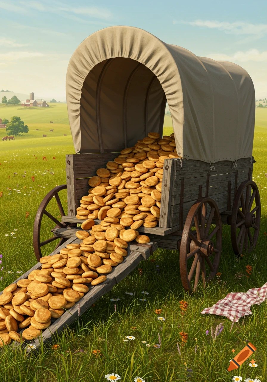 A covered wagon overflowing with golden biscuits in a grassy field with wildflowers under a clear sky.