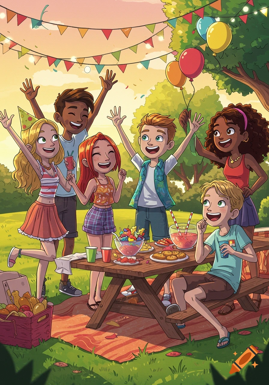 A vibrant cartoon shows a diverse group of happy teenagers celebrating outdoors with balloons, banners, and food at a picnic table.