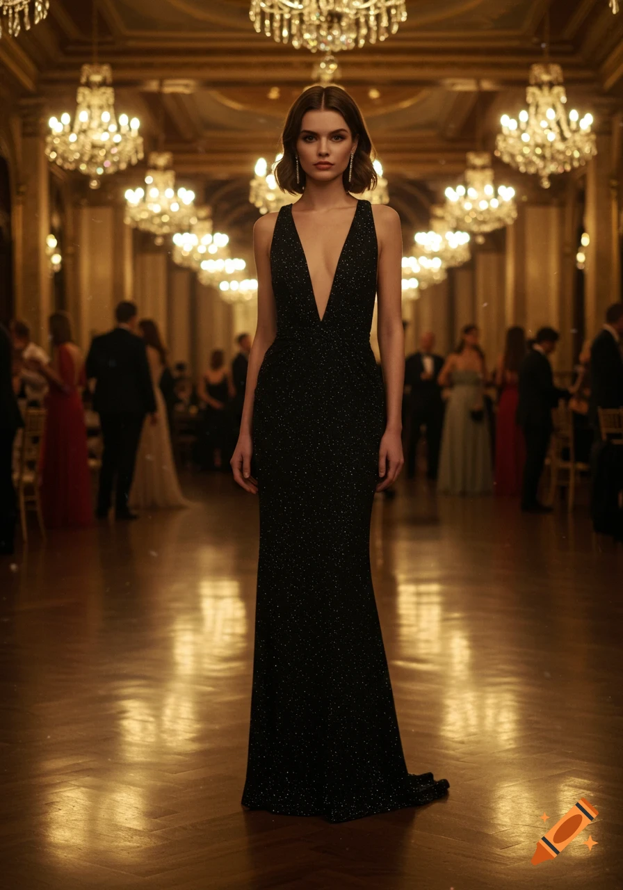 A woman in a sparkling black gown with a deep V-neck stands in a grand ballroom under chandeliers.