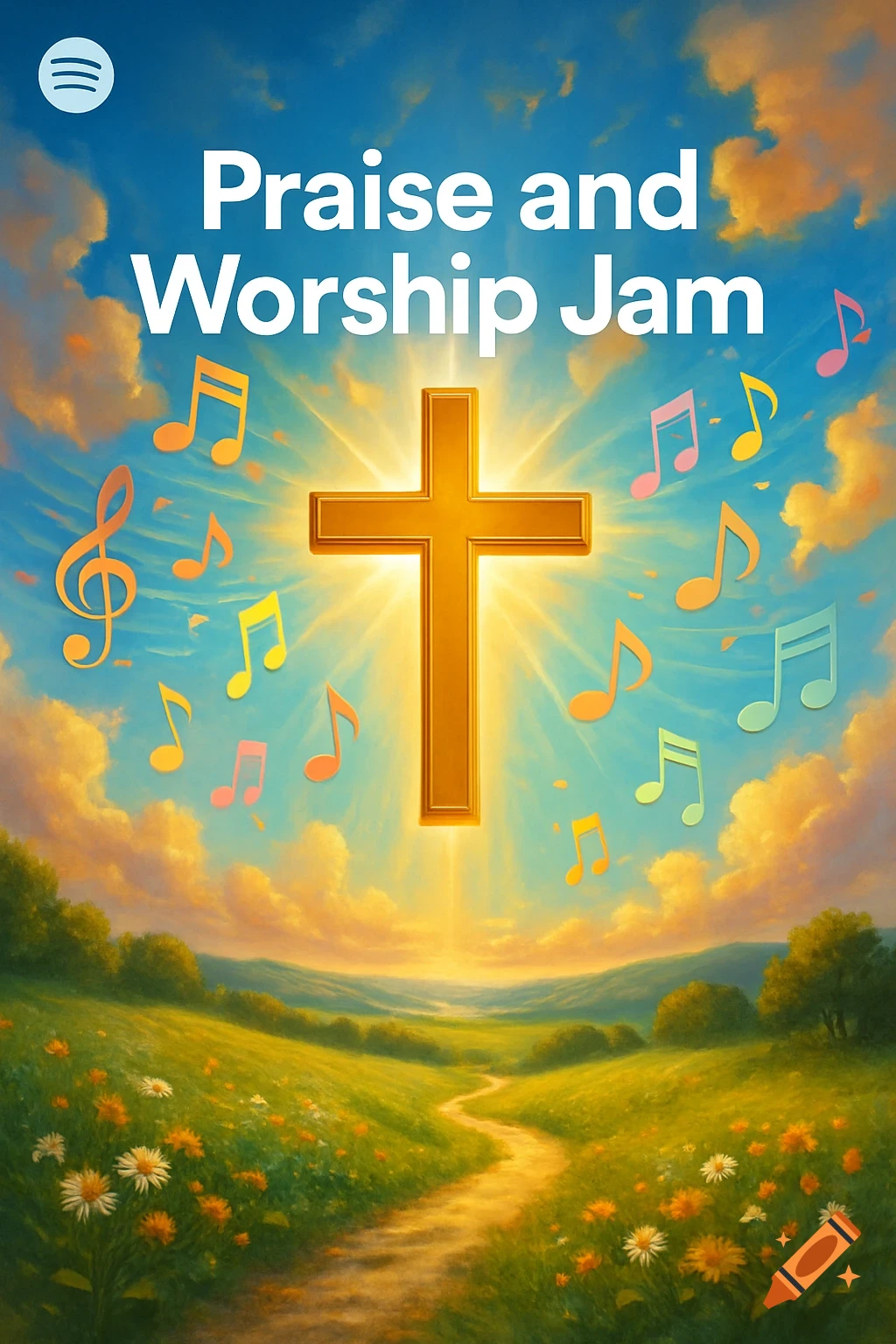 Illustration of a golden cross radiating light, surrounded by musical notes in a bright sky, above a green field with flowers and a path. Text reads 'Praise and Worship Jam' with a Spotify logo.