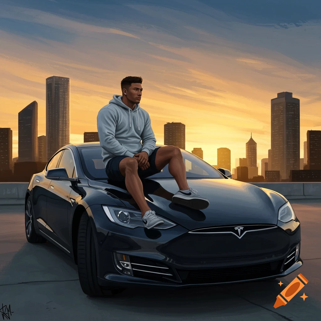 A muscular man in a hoodie and shorts sits on a black Tesla car in front of a city skyline at sunset, digital art.