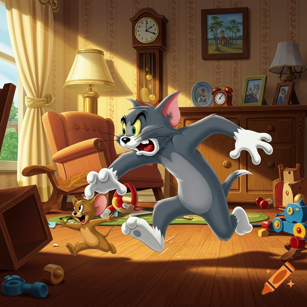 Tom the cat, looking angry, chases Jerry the mouse through a sunlit cartoon living room filled with furniture and toys.