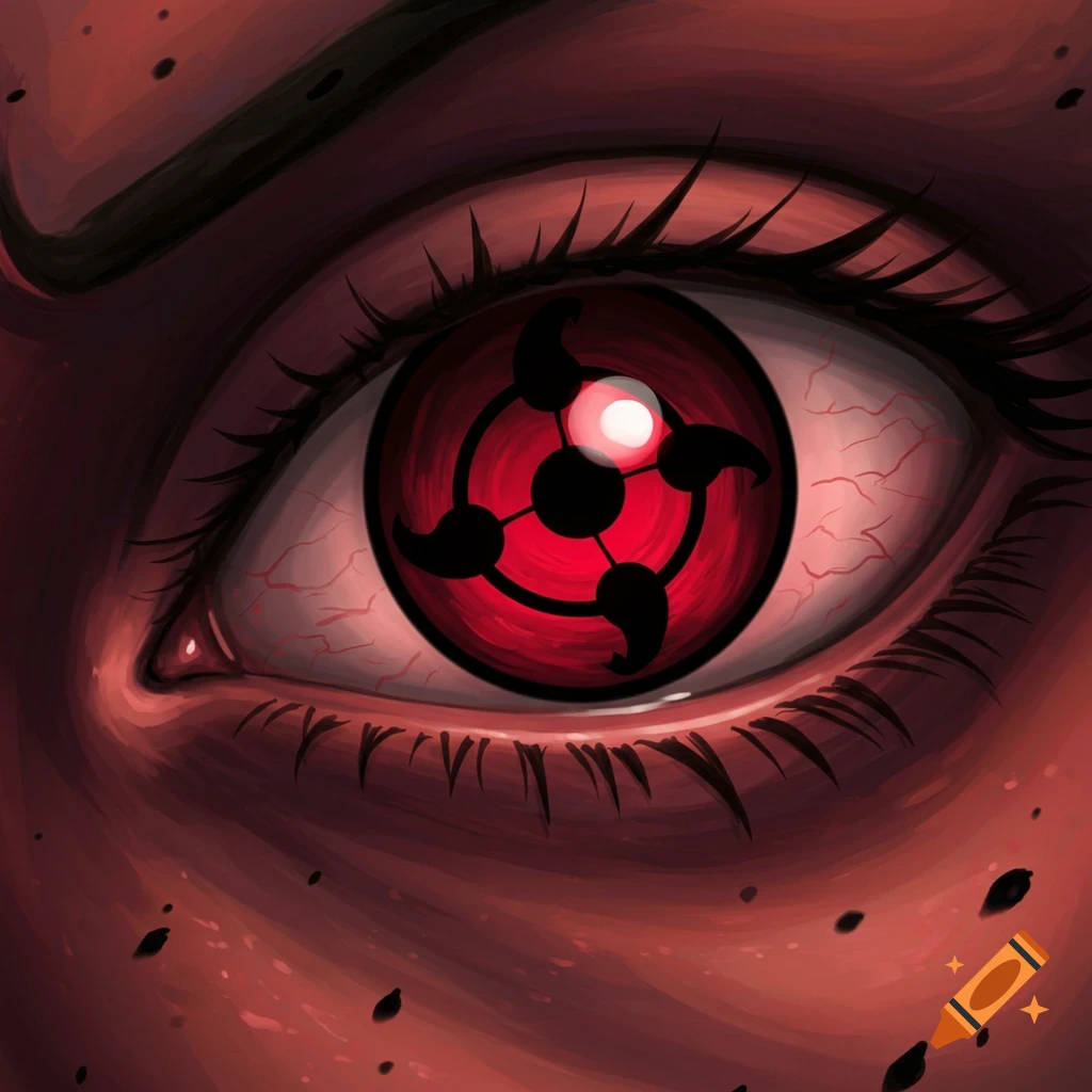 Close-up of a stylized, bloodshot eye with a red Sharingan symbol in its iris, in a Naruto anime art style.