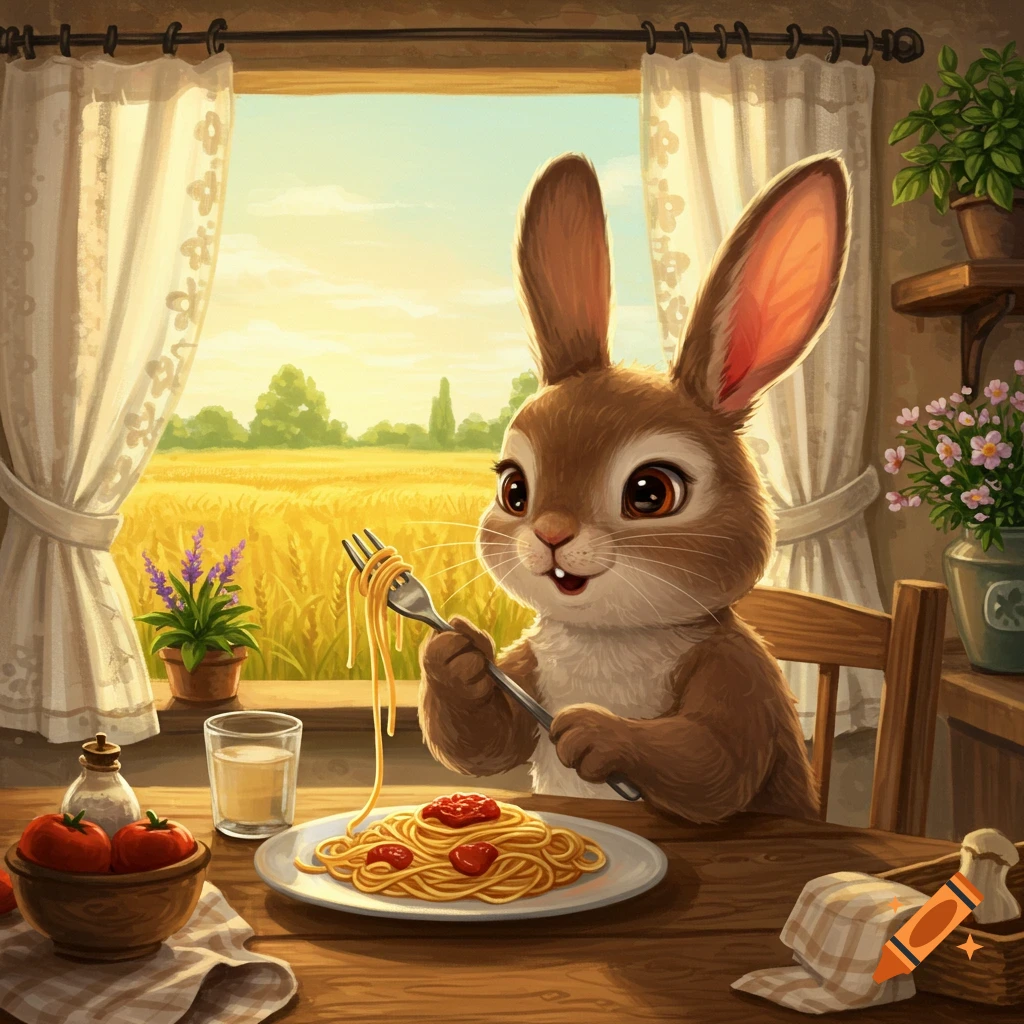 A cute cartoon rabbit happily eats a plate of spaghetti with a fork, sitting at a table by a window overlooking a sunny field.