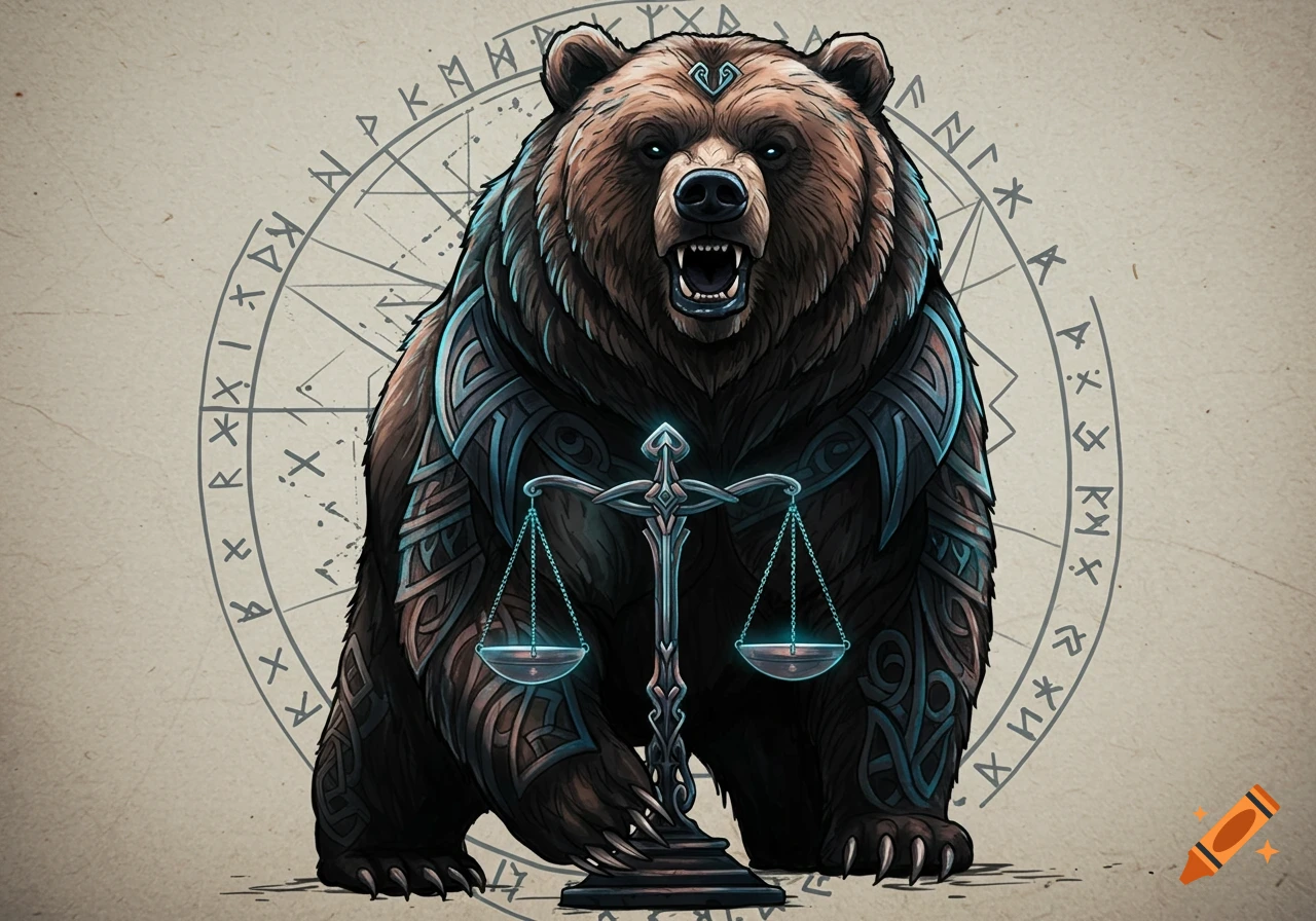 A stylized Norse berserker bear, adorned with armor-like patterns, roars while holding a set of glowing Libra scales against a background of runic sacred geometry.