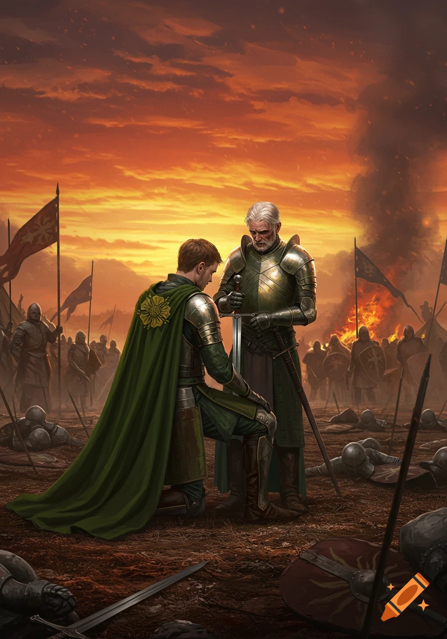 An older knight knights a younger knight in green on a battle-torn field at sunset, in an illustrative fantasy style.