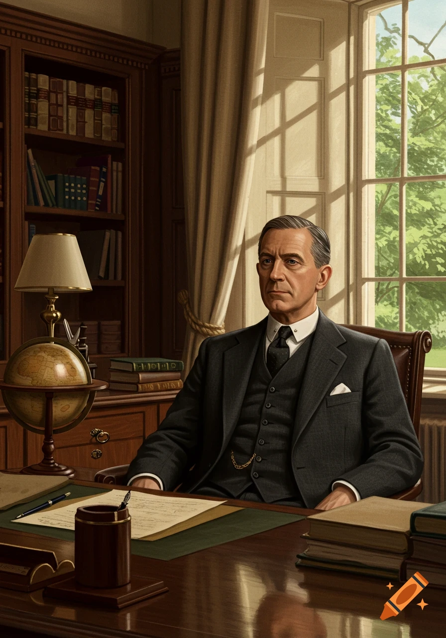 A serious man in a dark suit sits at a large wooden desk in a study with a bookshelf and a window.