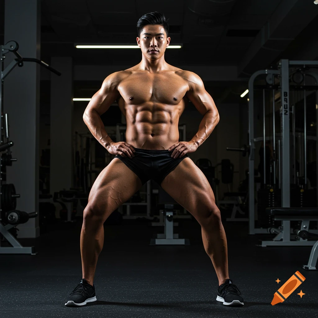 A muscular Asian man in black shorts poses with hands on hips in a gym, showcasing his powerful physique.