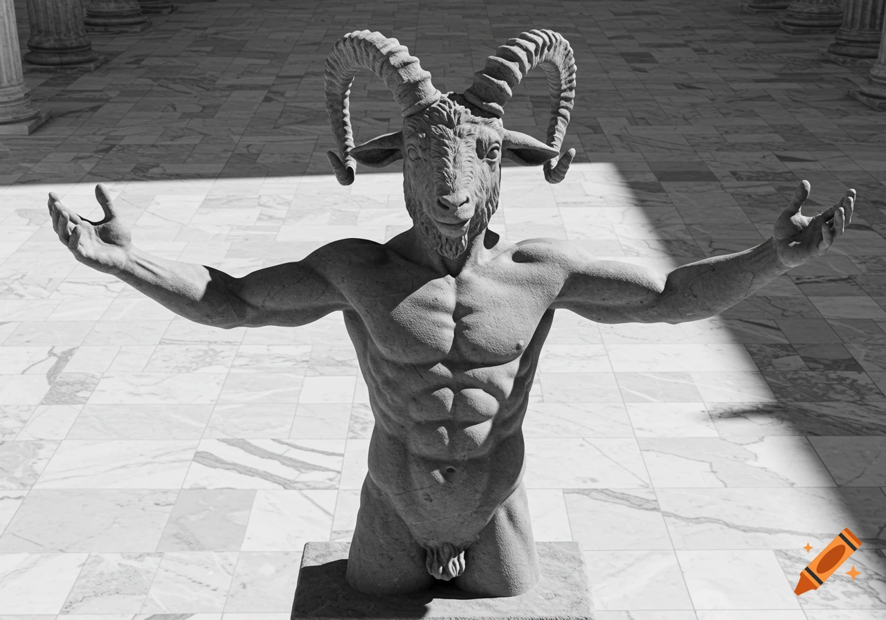 A grayscale photo of a stone statue depicting a muscular man's torso with a goat's head, arms outstretched, standing on a marble floor amidst columns.