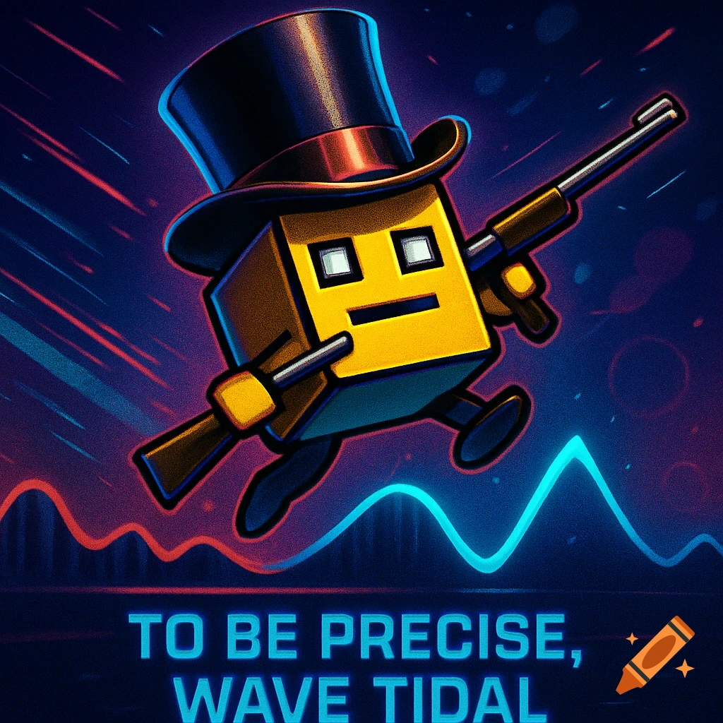 A yellow Geometry Dash cube with a top hat and rifle, in a neon blue and red background, with text 'To be precise, wave tidal'.