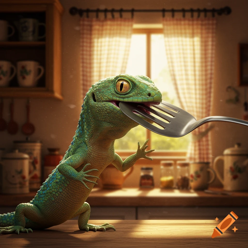 A photorealistic green lizard with large yellow eyes holds a silver fork in its mouth while on a wooden counter in a sunlit kitchen.