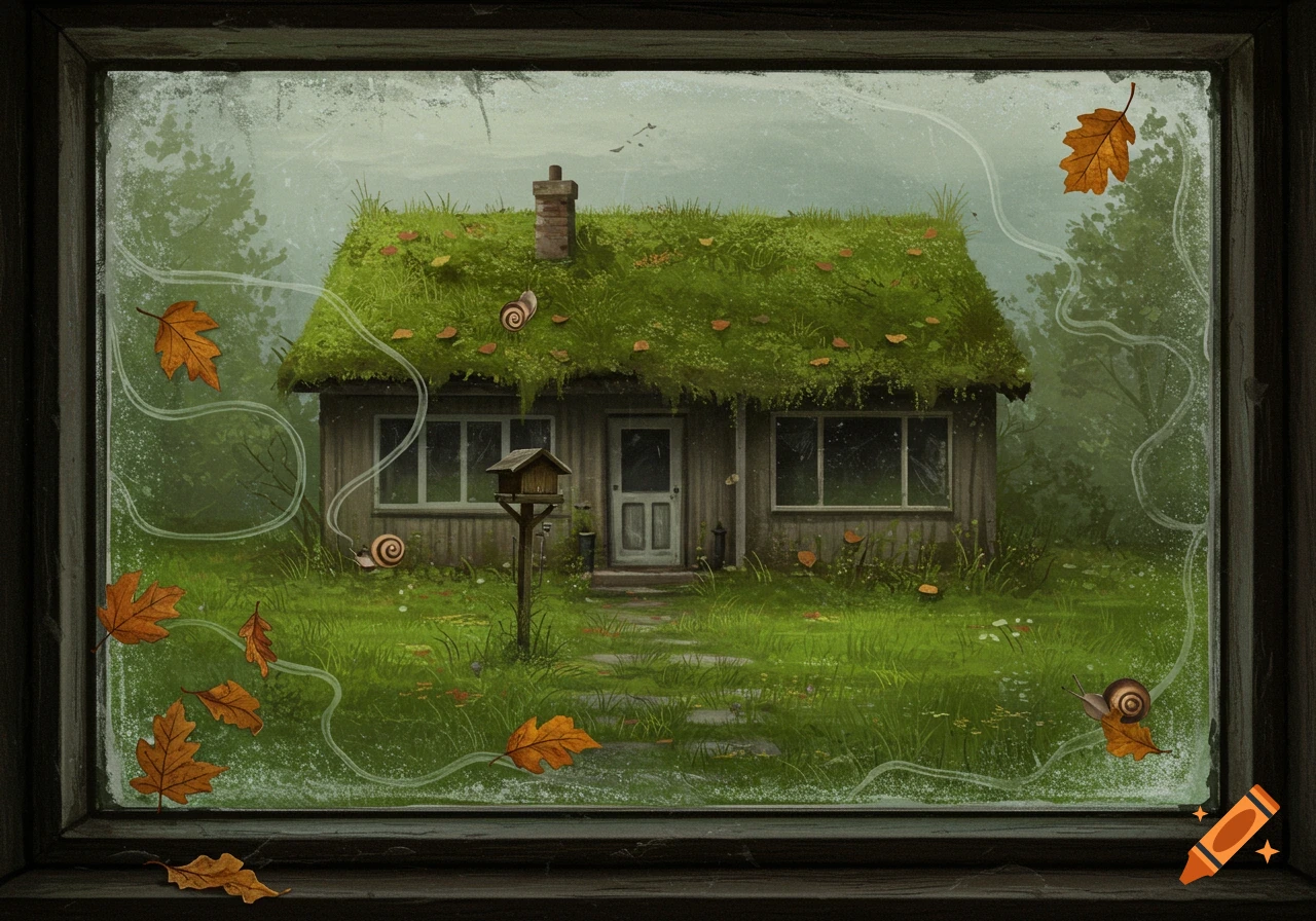 An illustration of a moss-roofed cottage viewed through a dirty window with autumn leaves and snail trails stuck to the glass.