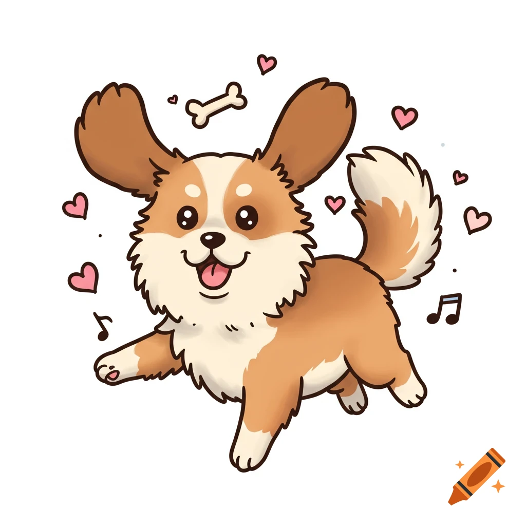 A happy cartoon dog with big ears jumping, surrounded by pink hearts, a bone, and musical notes on a white background.