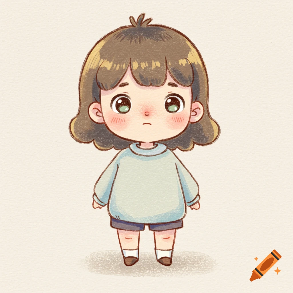Cute cartoon girl with brown hair, large eyes, rosy cheeks, in a light blue sweater and shorts, with a crayon texture.