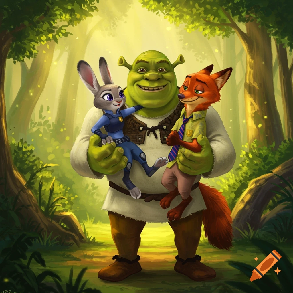 Shrek, the green ogre, smiles while carrying a small Judy Hopps and Nick Wilde in a vibrant forest.