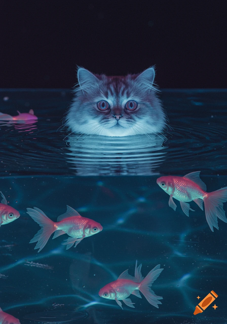 A fluffy cat's head floats on blue water, intently watching glowing reddish-pink goldfish swim below.