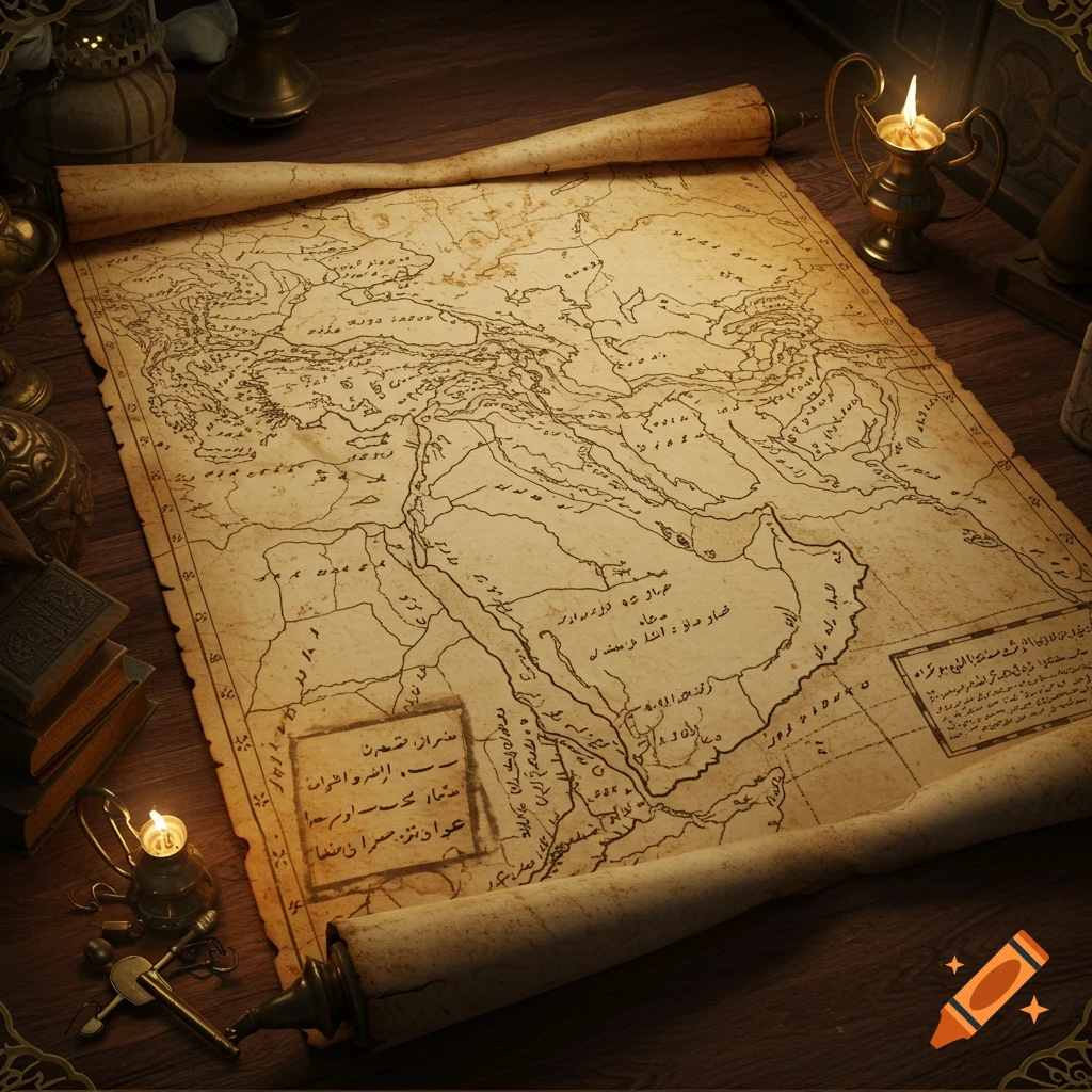 An old, unfurled map showing the Middle East, surrounded by antique lamps, scrolls, and books on a wooden table.