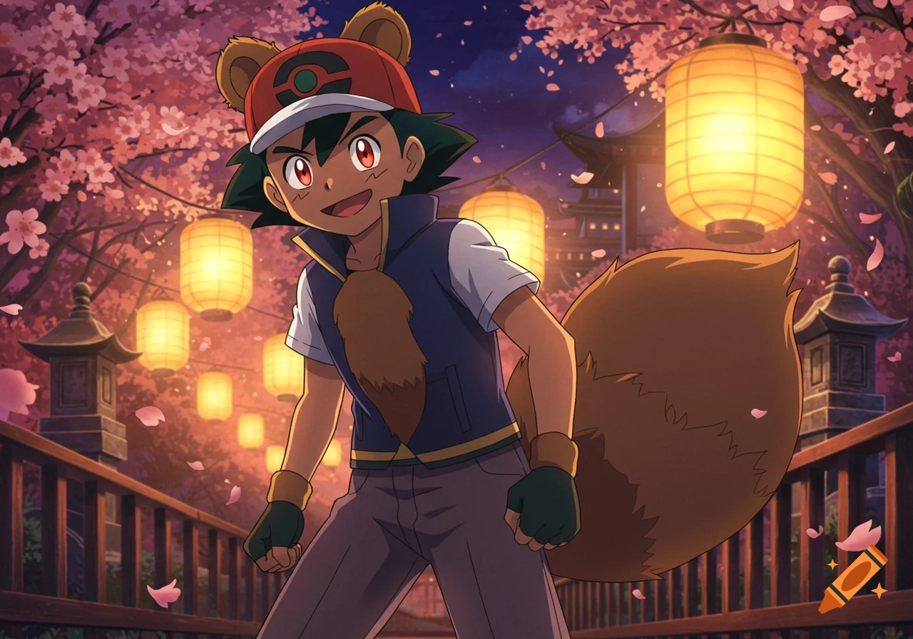 Anime illustration of Ash Ketchum as a Tanuki hybrid smiling under cherry blossom trees with glowing lanterns at night.