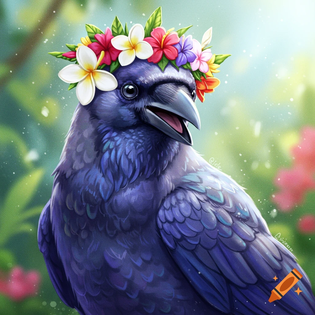 A happy-looking, iridescent purple crow with an open beak, wearing a vibrant flower crown, in a digital painting style.