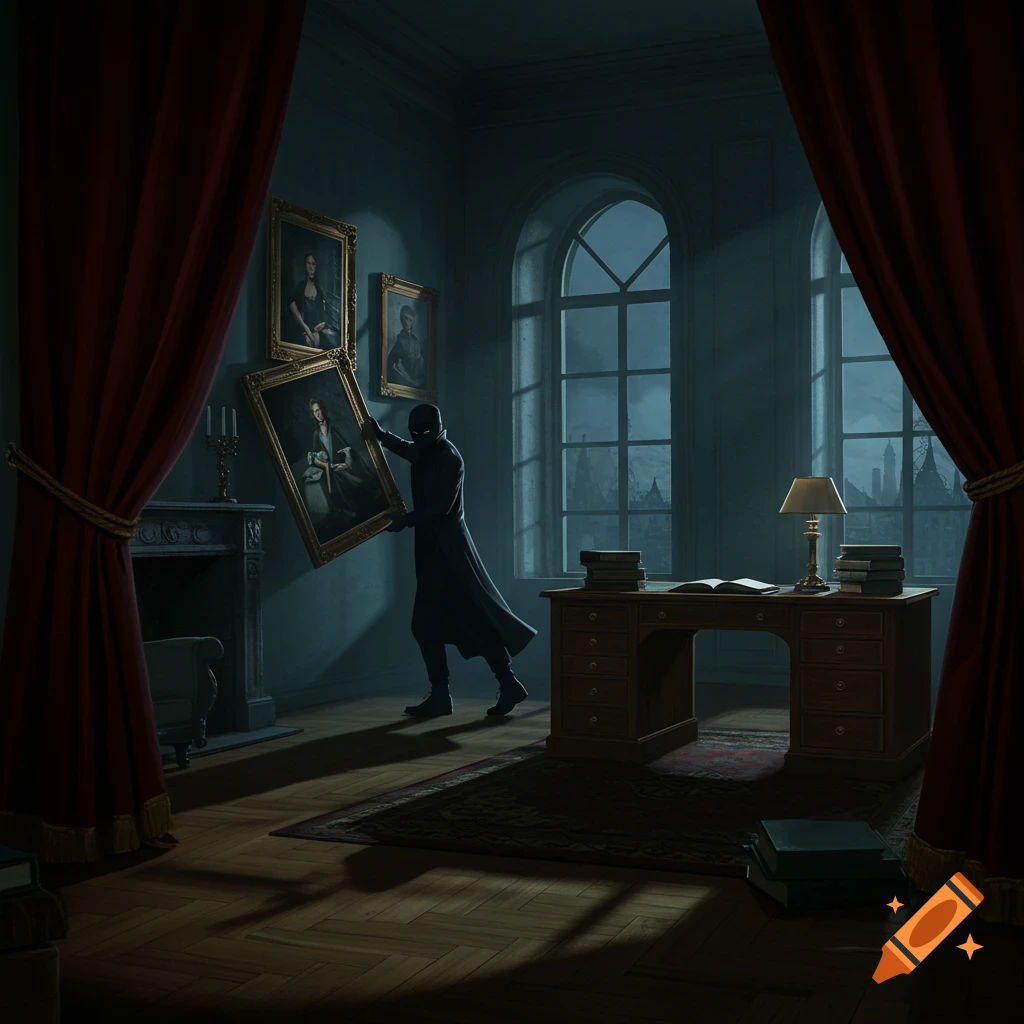 A masked thief in a dark room steals a large painting from the wall, lit by moonlight through tall windows.