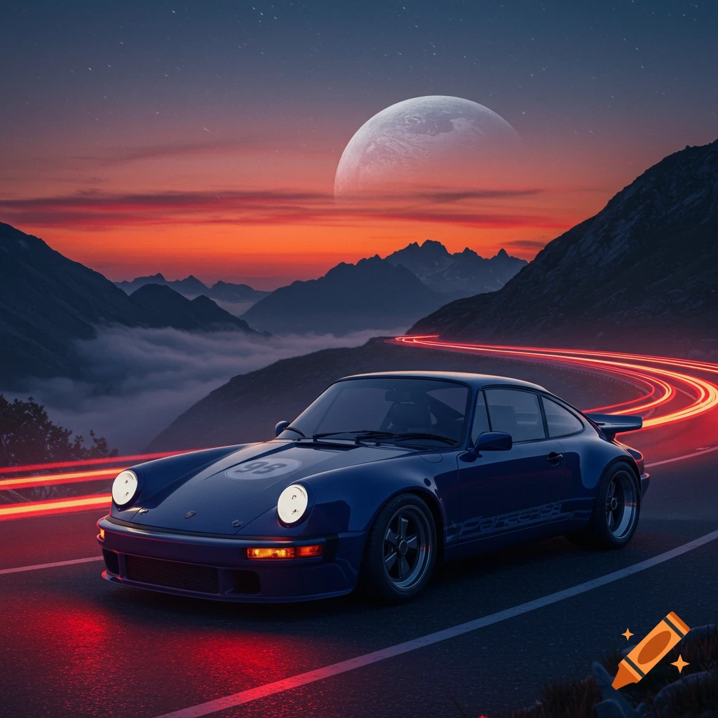A blue Porsche 911 Carrera RSR 2.8 drives on a winding mountain road at dusk, with red light trails, a large moon, and a dramatic red sky.
