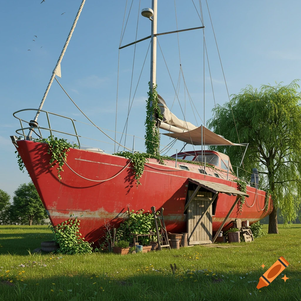 A weathered red sailboat, overgrown with vines, converted into a rustic shed in a sunny, green field.