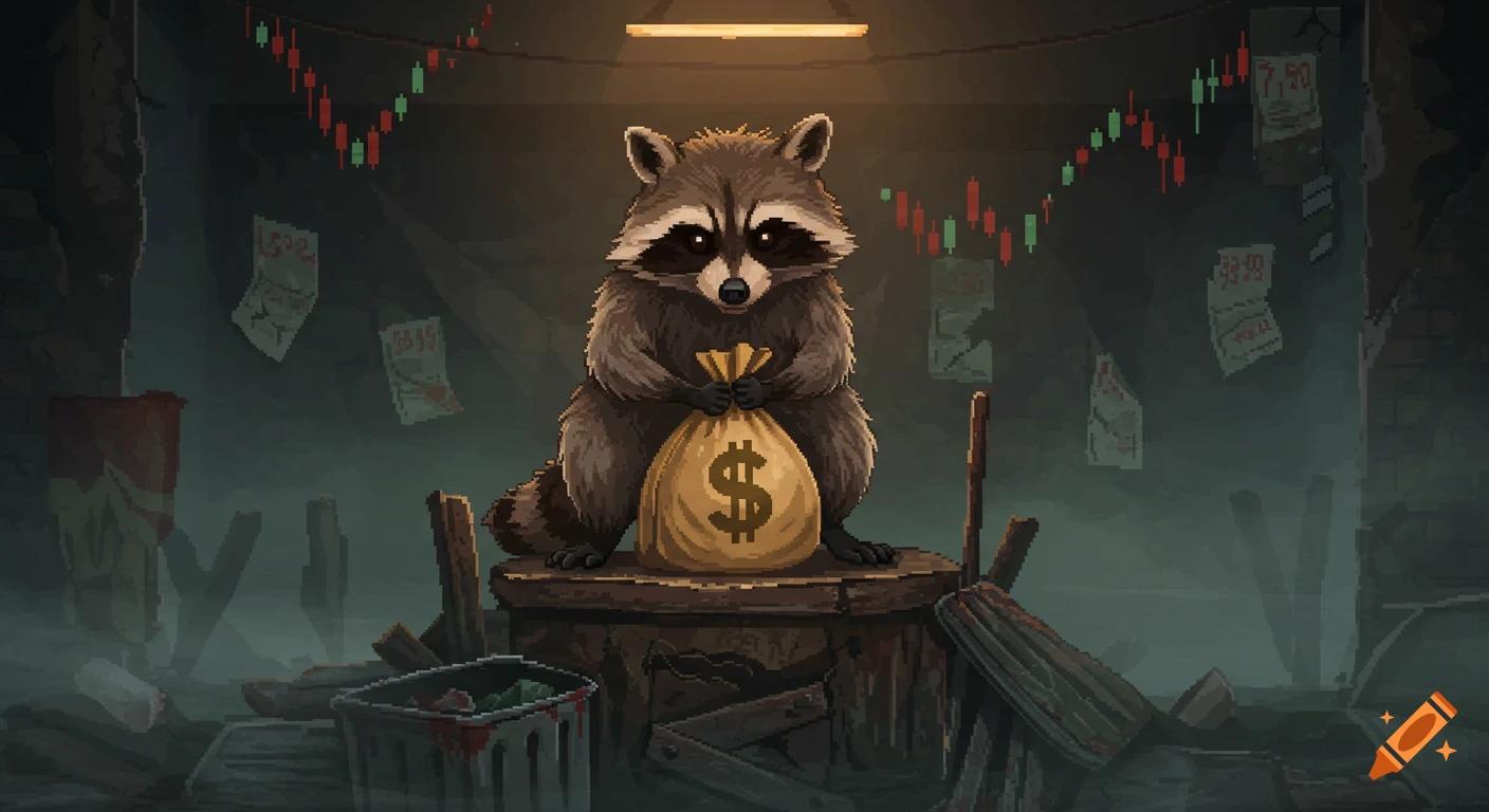 A pixel art raccoon stoically holds a dollar sign money bag, surrounded by a dark, misty, broken trash fortress with red and green stock charts and signs in the background.