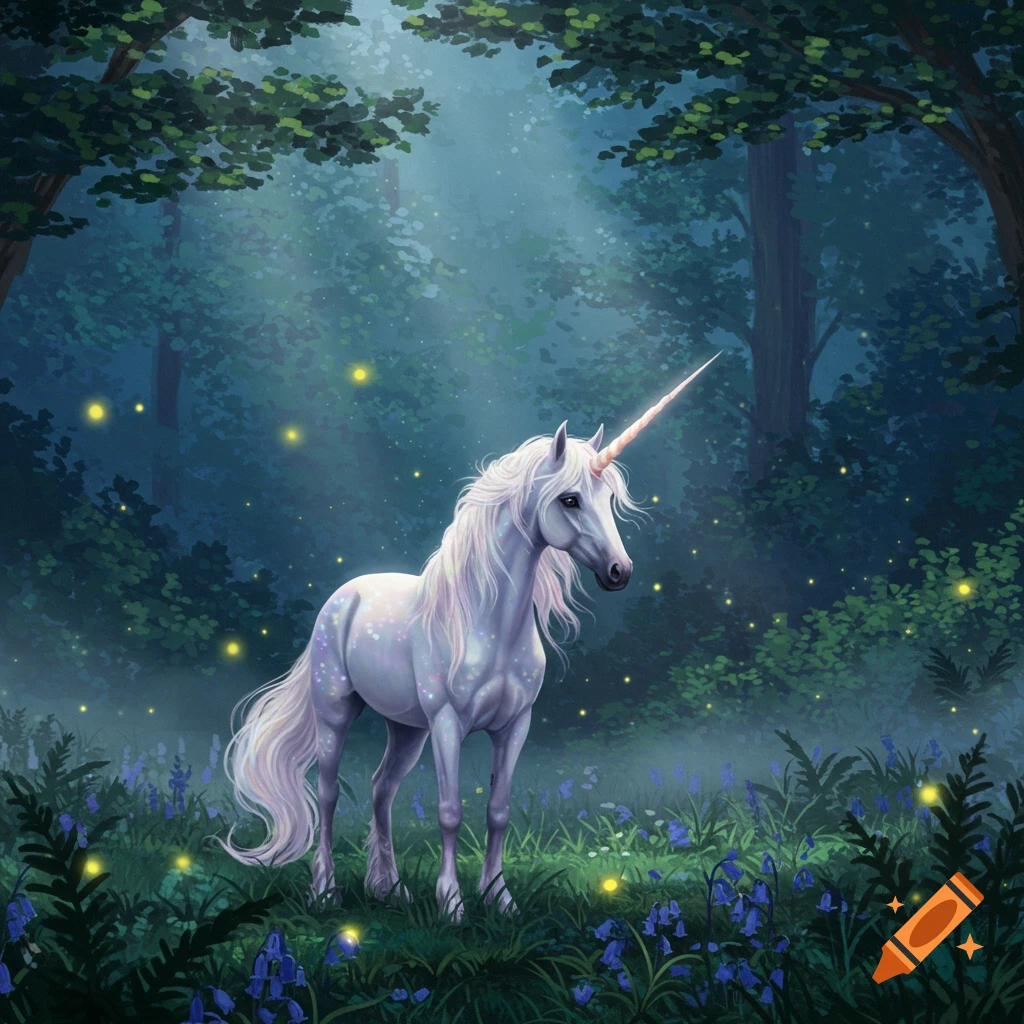 A majestic white unicorn with a long flowing mane stands in an enchanted, misty forest with glowing fireflies and blue flowers.